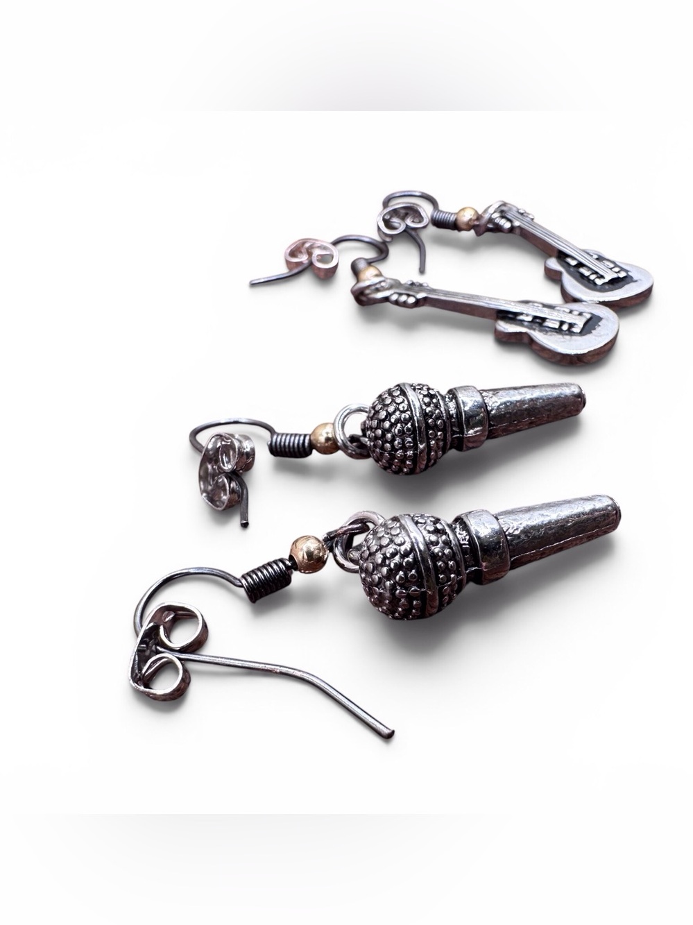 Nickel Free Set Sterling-Style Silver Microphone and Guitar Drop Earrings